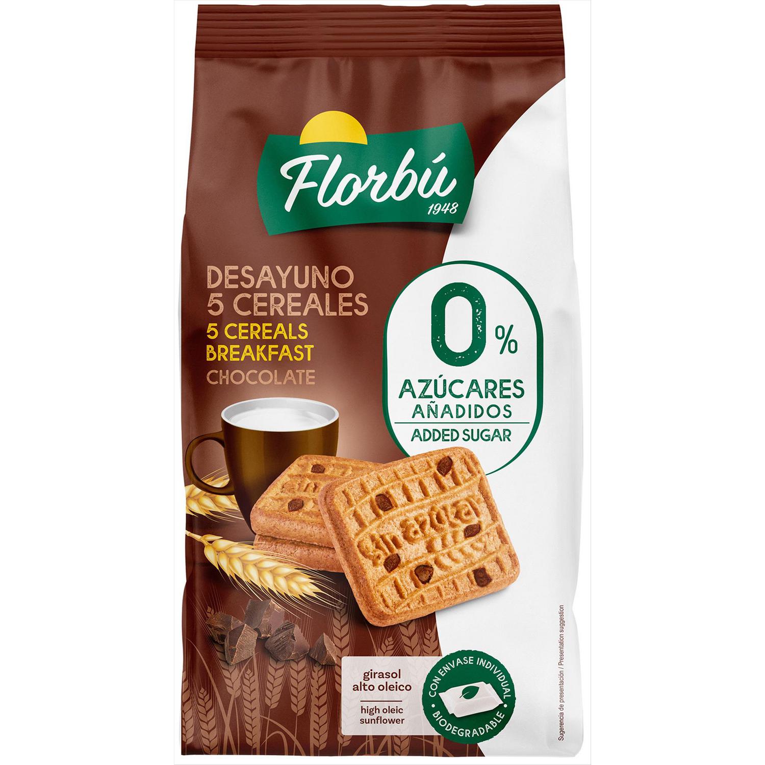 Galletas 5 cereales y chocolate Florbú sin azúcar añadido 310 g.