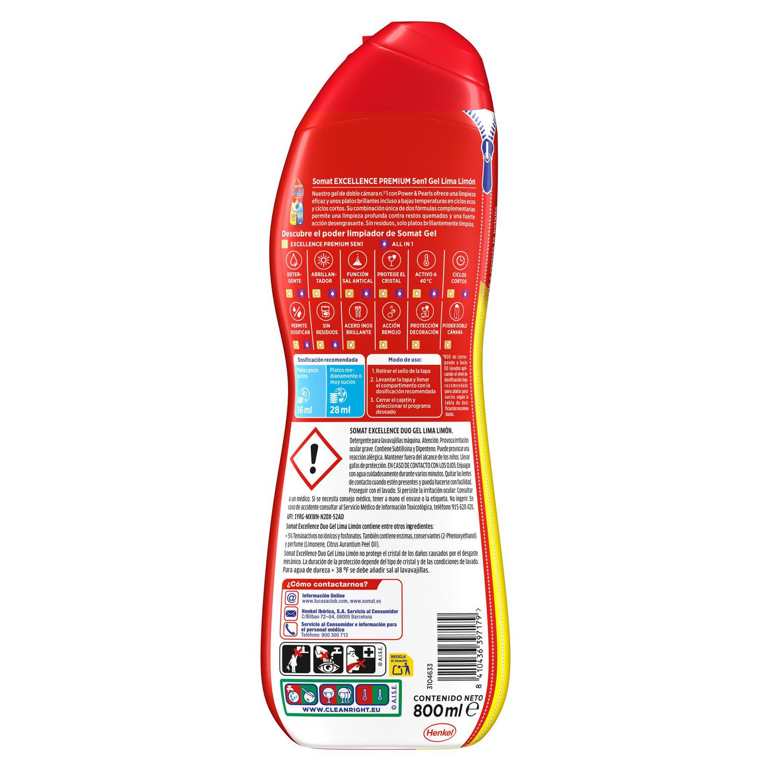 Gel para lavavajillas Excellence Duo Gel lima limón Somat 50 lavados.