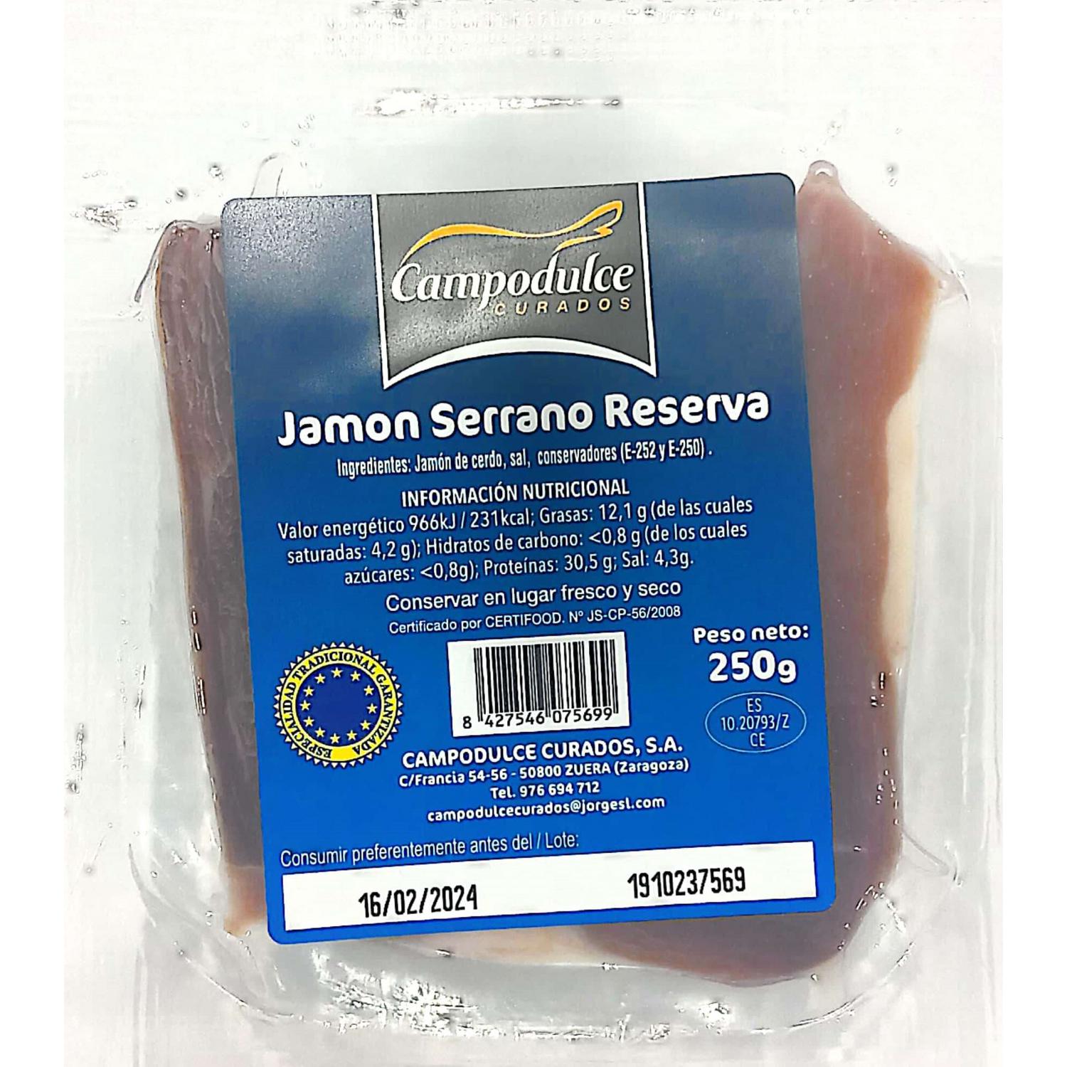 Jamón Serrano Reserva en taco Campodulce Curados 250 g