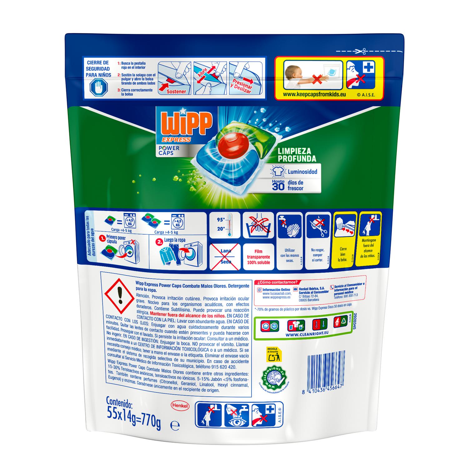 Detergente en cápsulas limpieza profunda higiene antiolores Wipp Express 55 lavados.