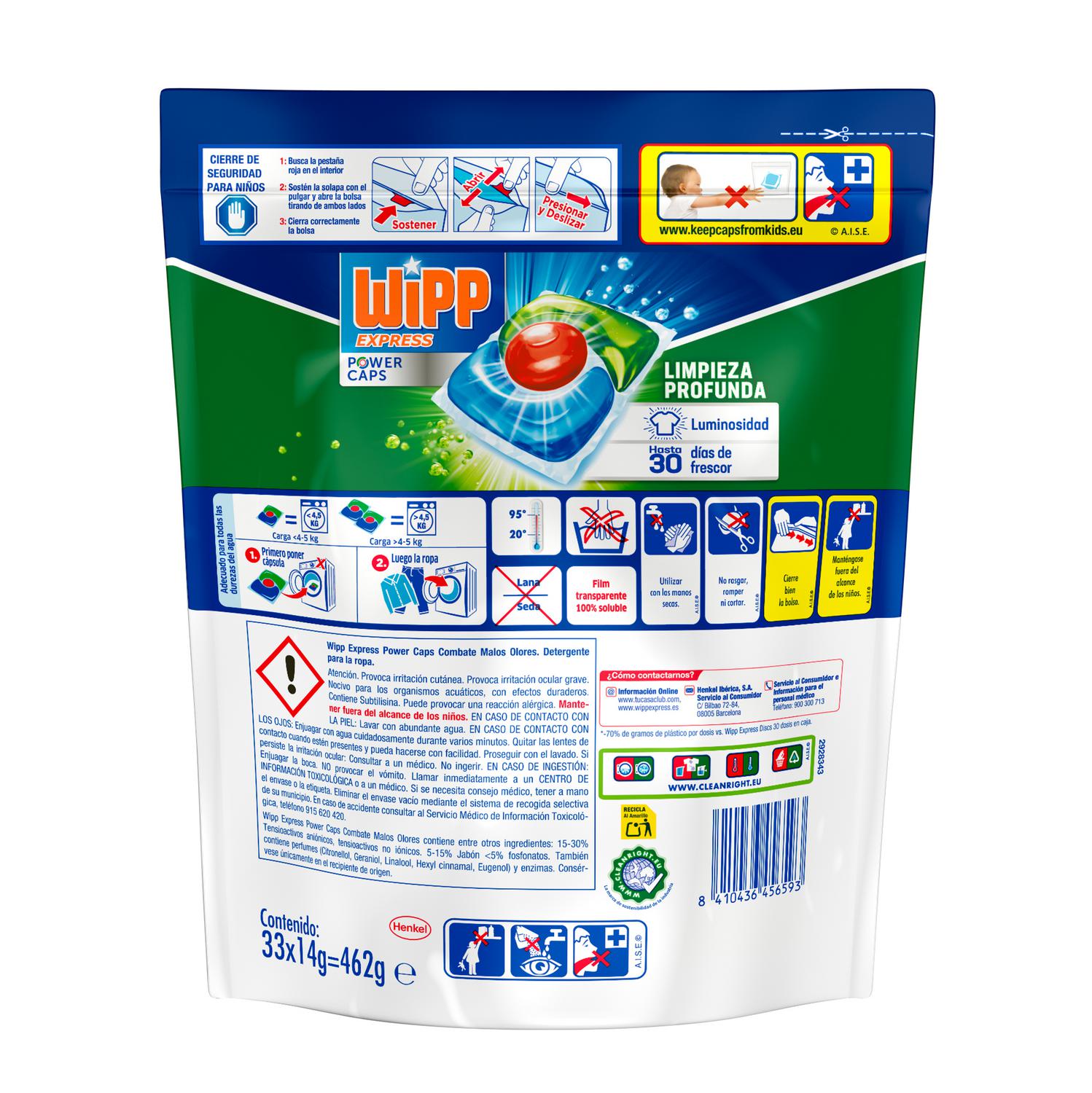 Detergente en cápsulas limpieza profunda higiene antiolores Wipp Express 33 lavados.