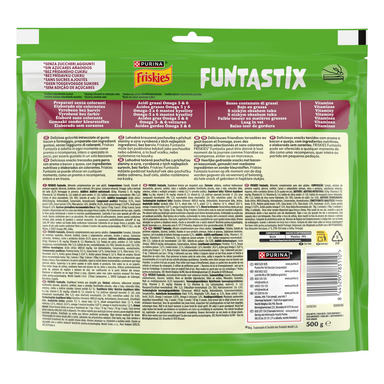 Snack bacon y queso para perro Purina Friskies Funtastix 500 g.