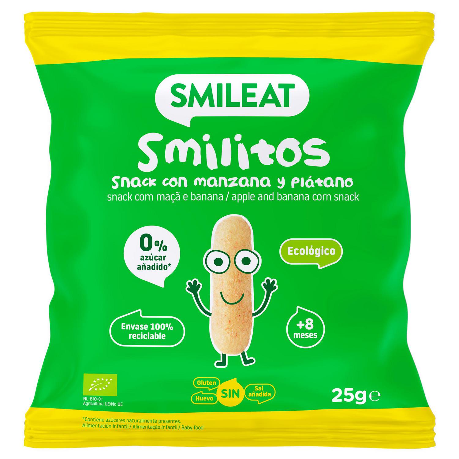 Snack con manzana y plátano ecológico Smileat sin gluten 25 g.