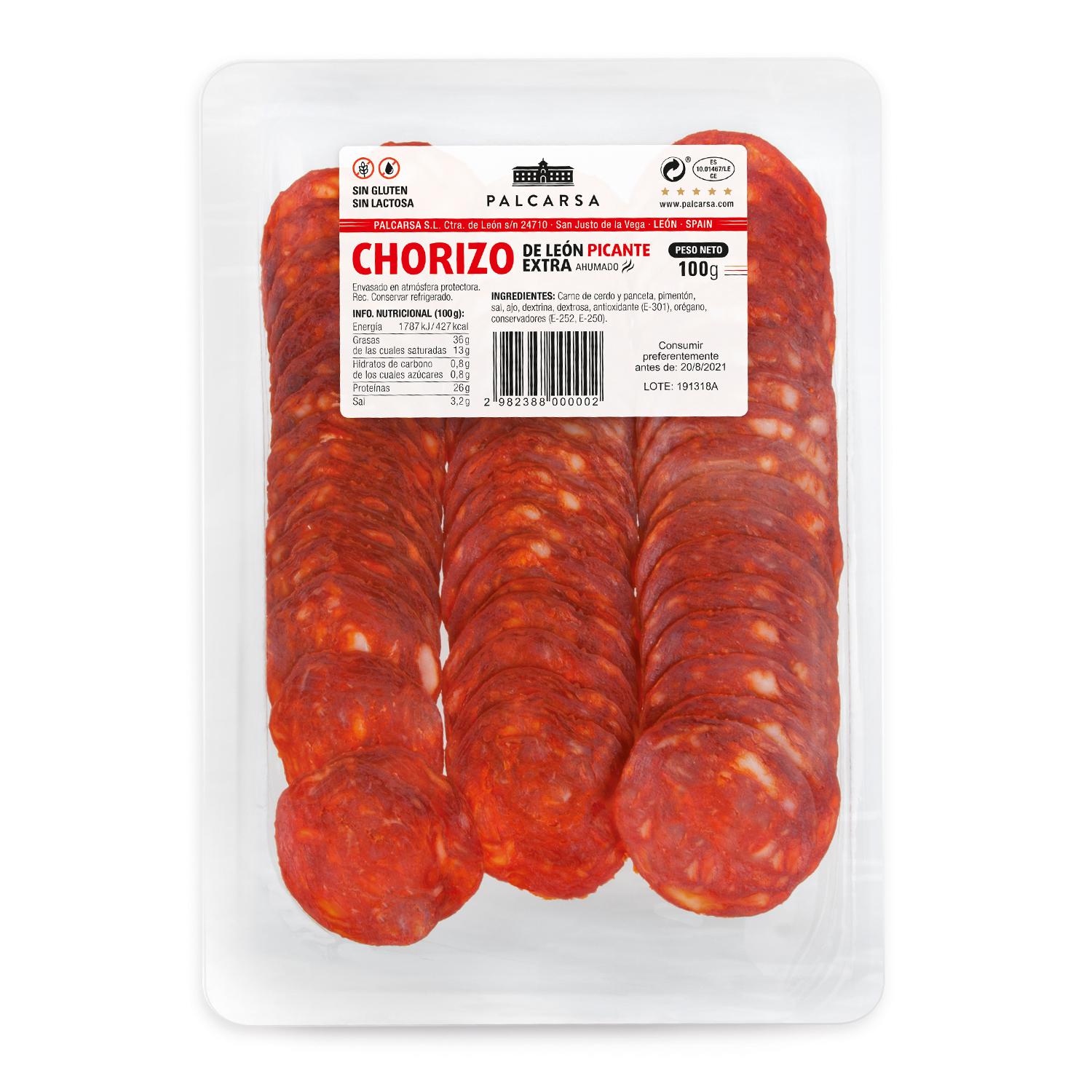 Chorizo de León picante extra en lonchas Palcarsa sin gluten y sin lactosa 100 g