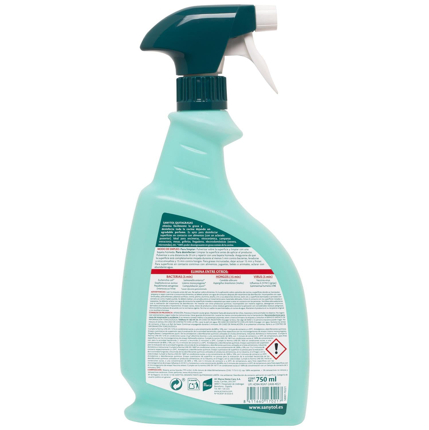 Limpiador desinfectante quitagrasas Sanytol 750 ml.
