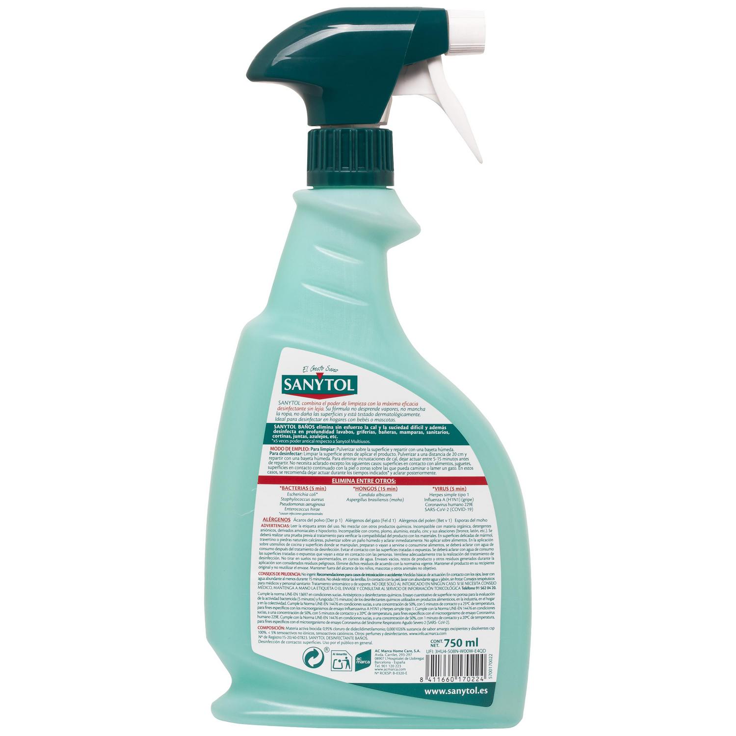 Limpiador desinfectante baños poder antical sin lejía Sanytol 750 ml.