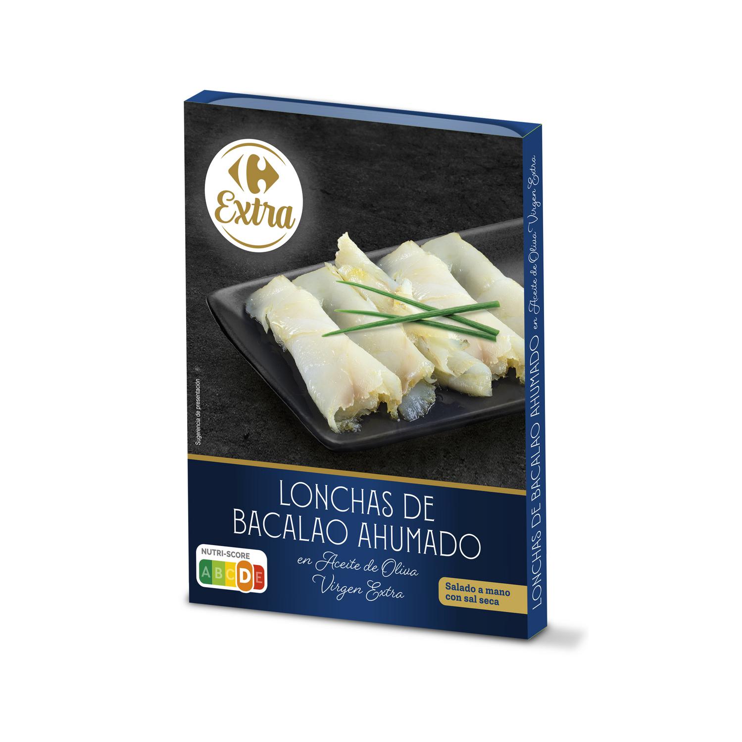 Bacalao ahumado en lonchas en aceite de oliva virgen extra Extra Carrefour 80 g.