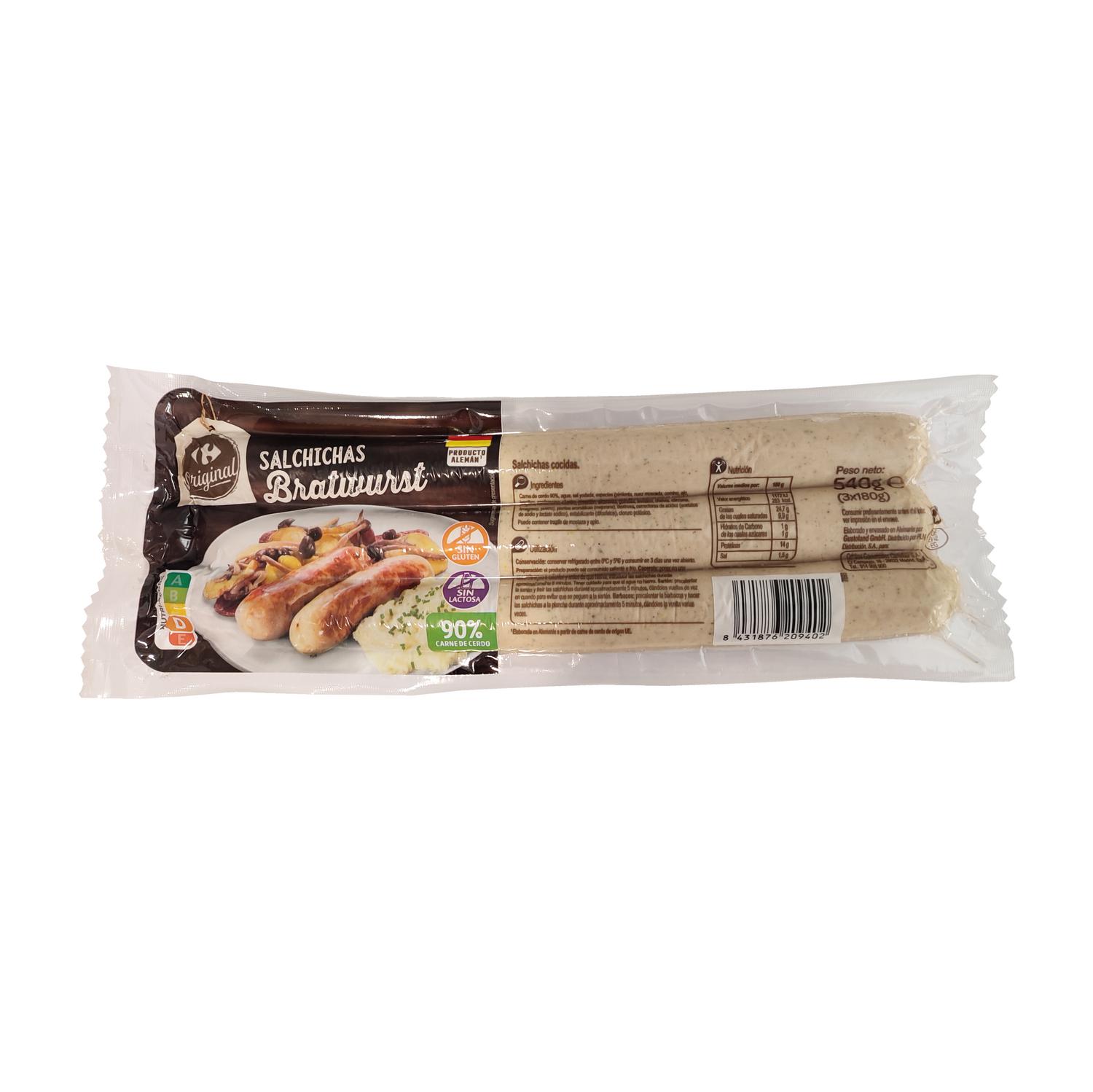 Salchichas Bratwurst Carrefour Original sin gluten y sin lactosa 540 g.