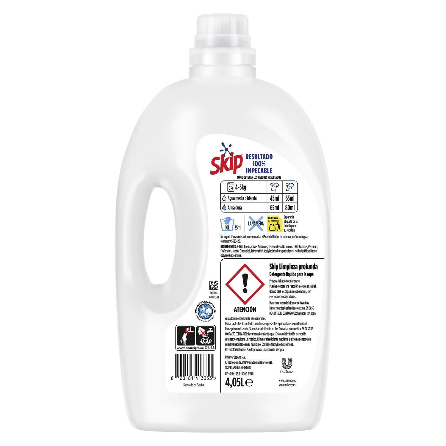 Detergente líquido limpieza profunda Skip 45 lavados.