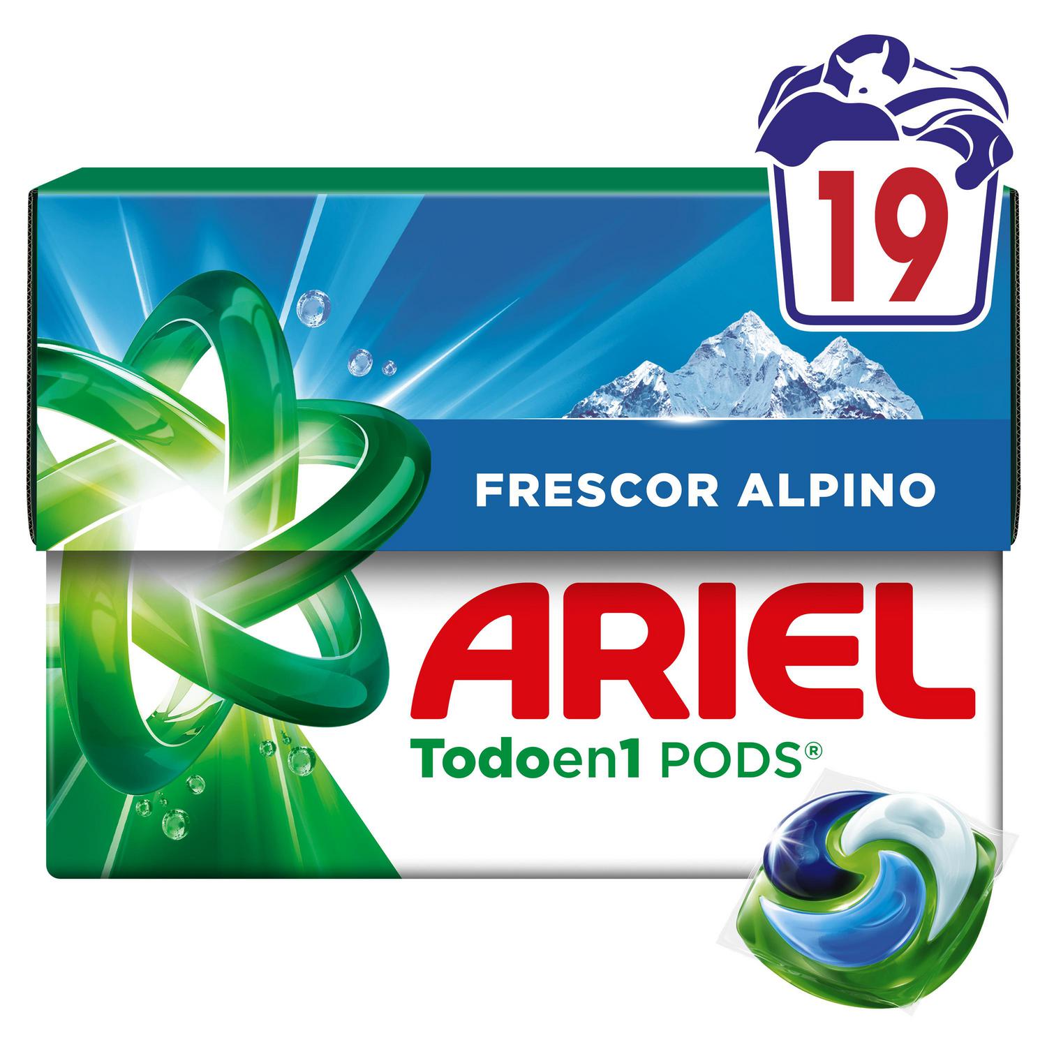 Detergente en cápsulas alpes Todo en Uno Pods Ariel 19 lavados.
