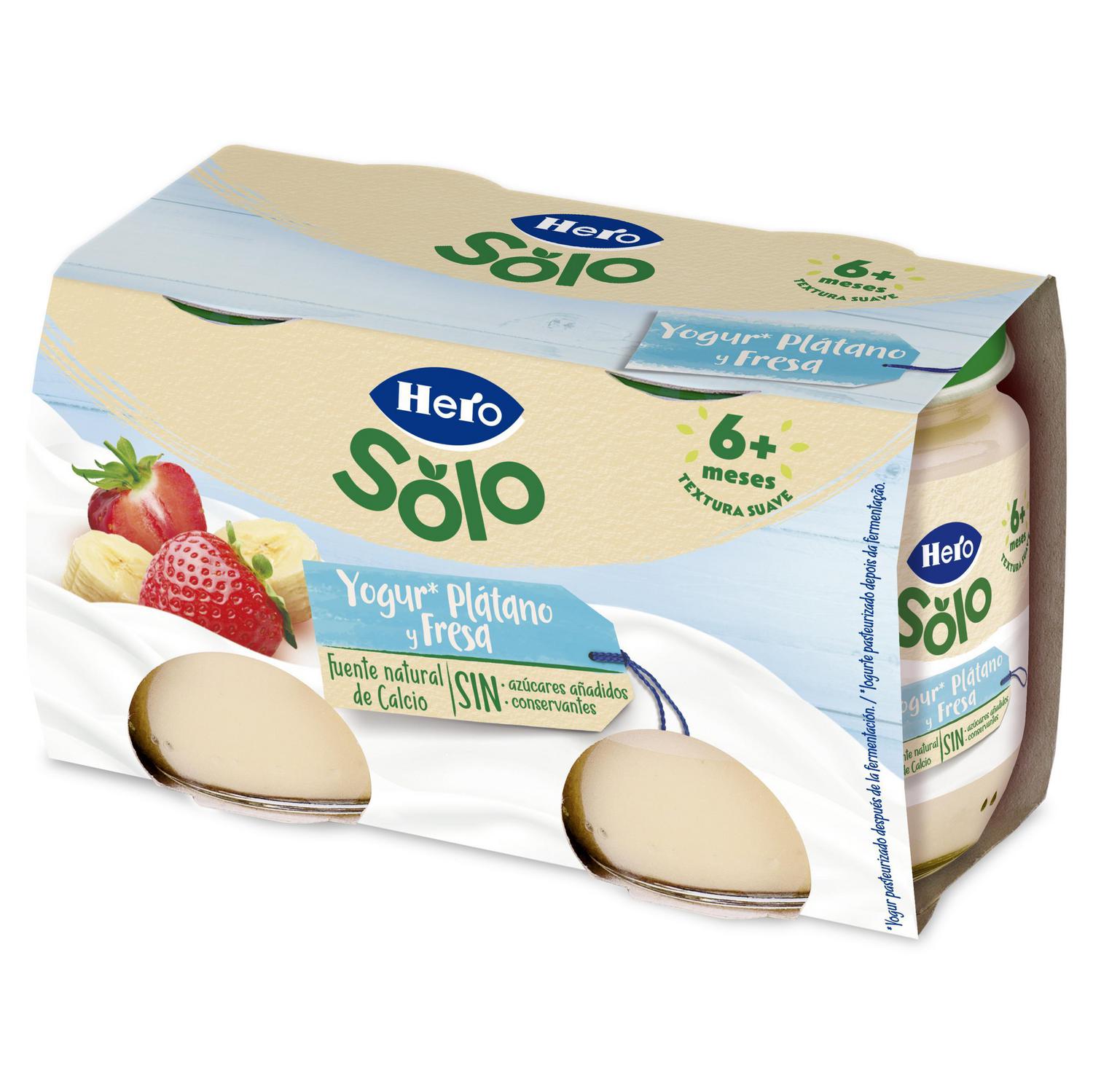 Yogur infantil plátano y fresas desde 6 meses Hero Baby sin gluten y azúcar añadido pack de 2 unidades de 120 g.