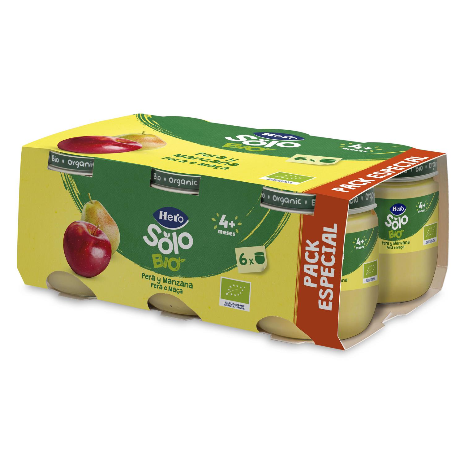 Tarrito de pera y manzana desde 4 meses ecológico Hero Solo sin gluten pack de 6 unidades de 120 g.