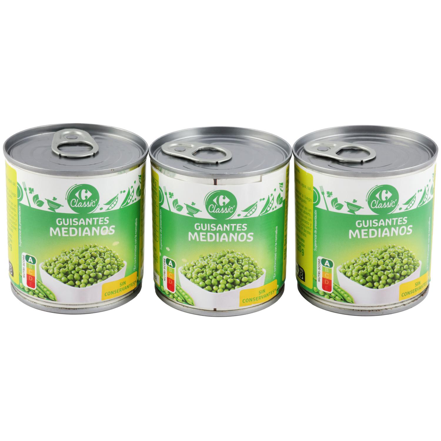 Guisantes medianos Classic Carrefour pack de 3 latas de 120 g.