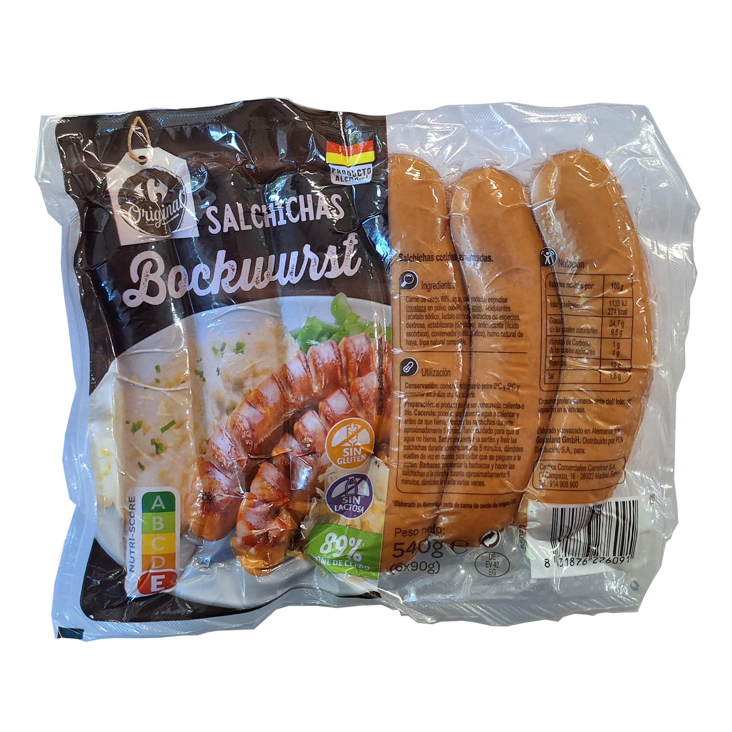 Salchichas Bockwurst Carrefour Original sin gluten y sin lactosa 540 g.