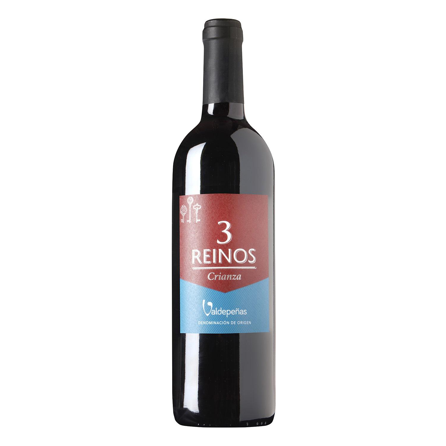 Vino tinto crianza tempranillo Tres Reinos D.O. Valdepeñas 75 cl.