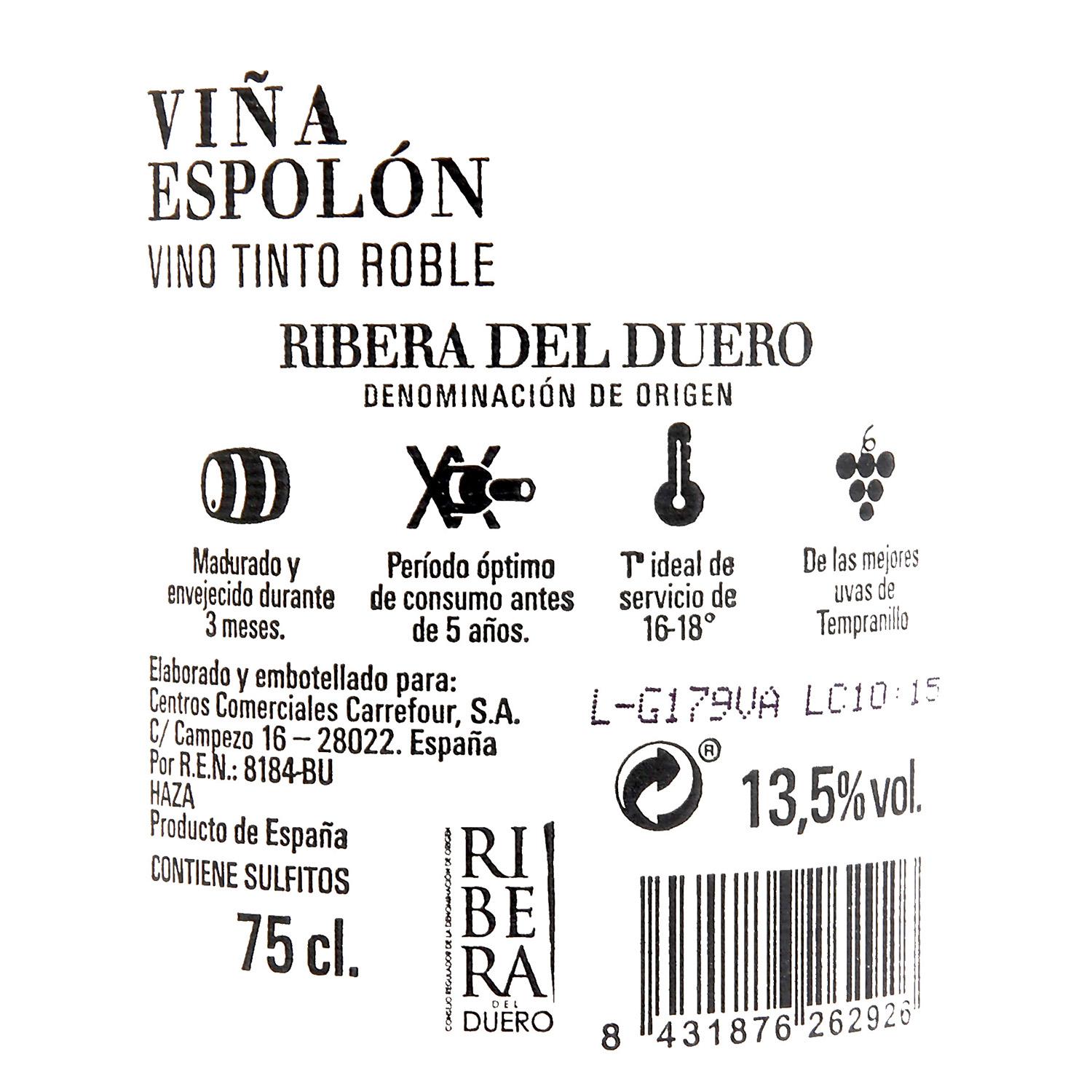 Vino tinto roble tempranillo Viña Espolón D.O. Ribera del Duero 75 cl.