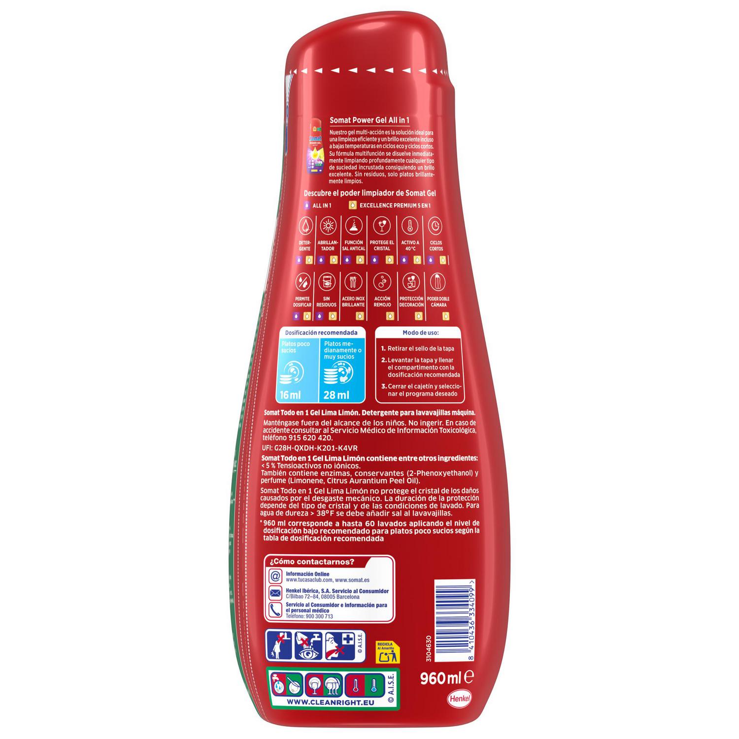 Gel para lavavajillas lima limón todo en uno Somat 60 lavados.