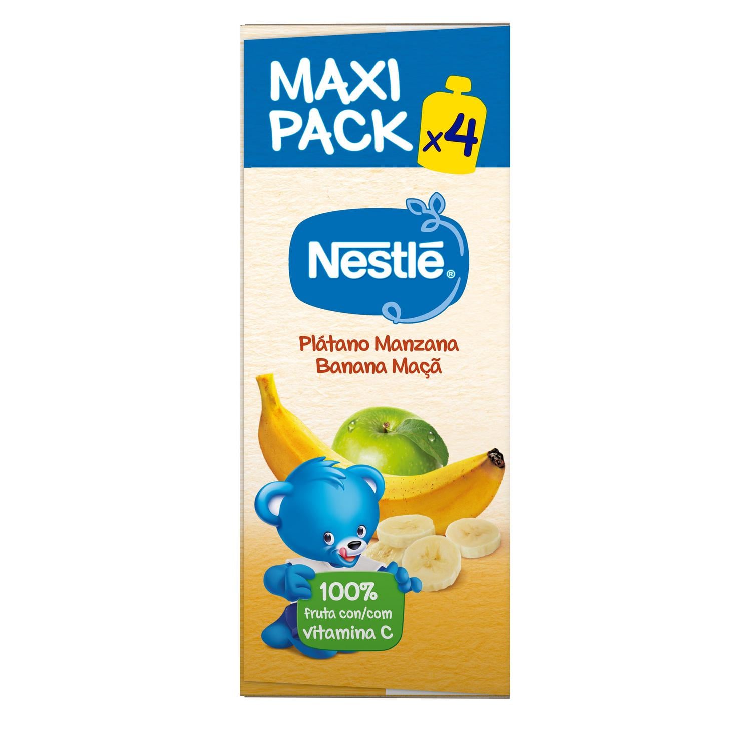 Bolsita de plátano y manzana desde 4 meses Nestlé sin gluten y sin azúcar añadido pack de 4 unidades de 90 g.