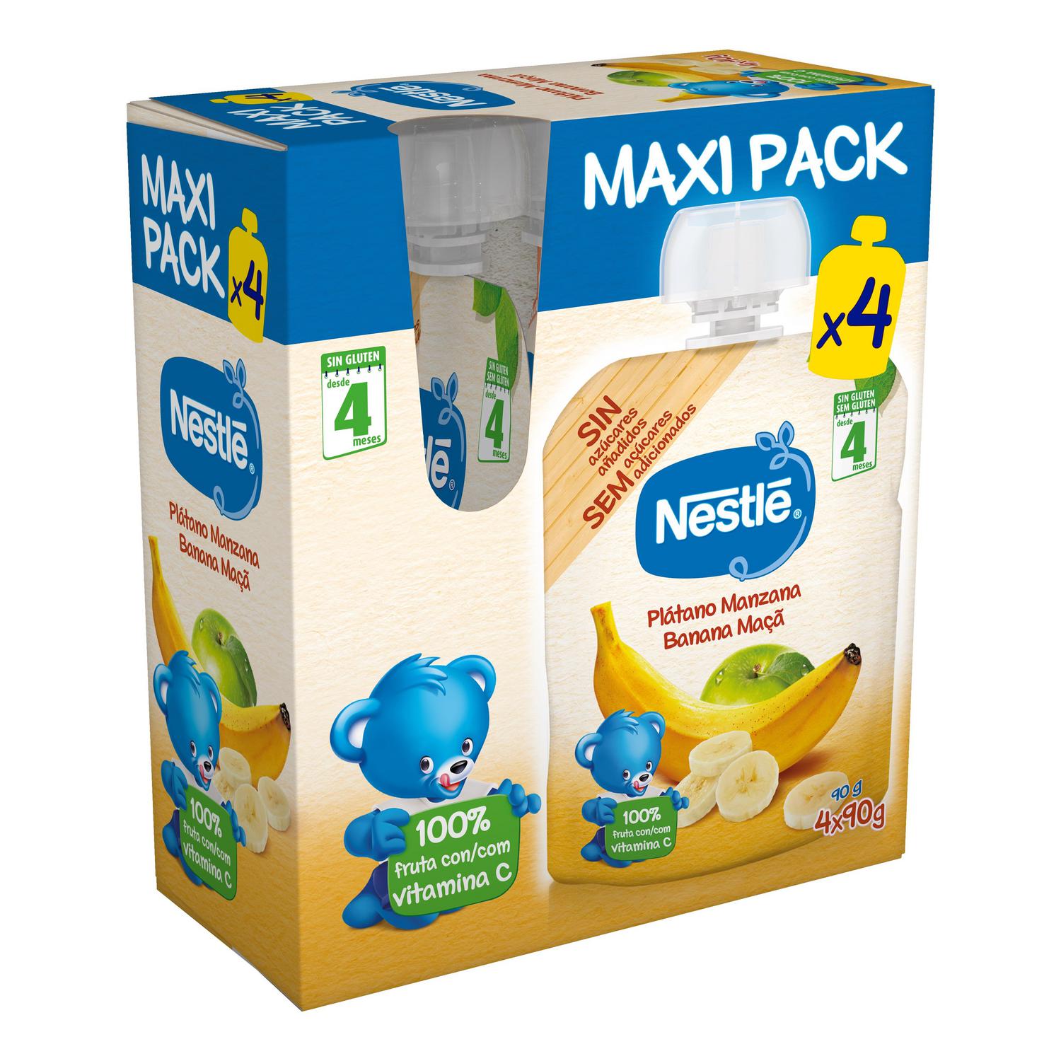 Bolsita de plátano y manzana desde 4 meses Nestlé sin gluten y sin azúcar añadido pack de 4 unidades de 90 g.