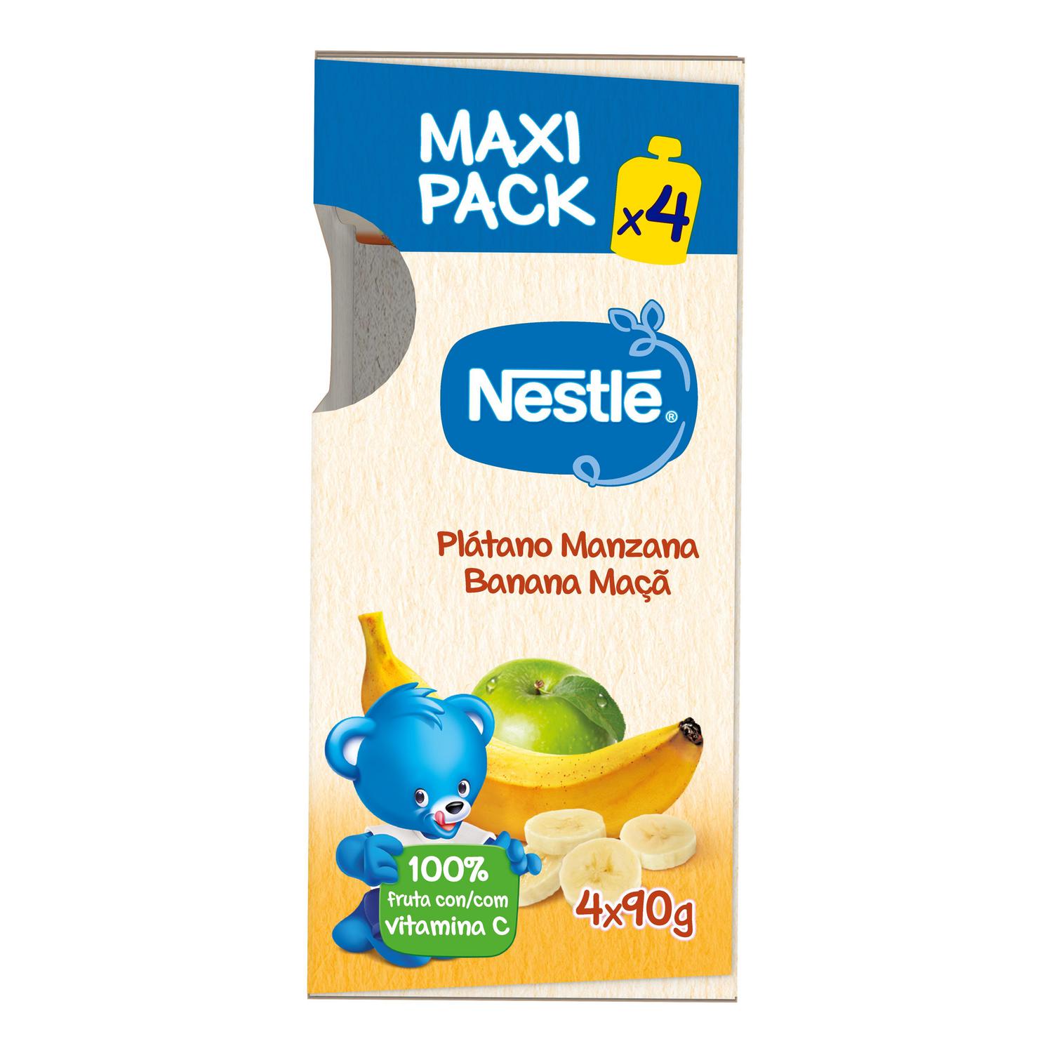 Bolsita de plátano y manzana desde 4 meses Nestlé sin gluten y sin azúcar añadido pack de 4 unidades de 90 g.