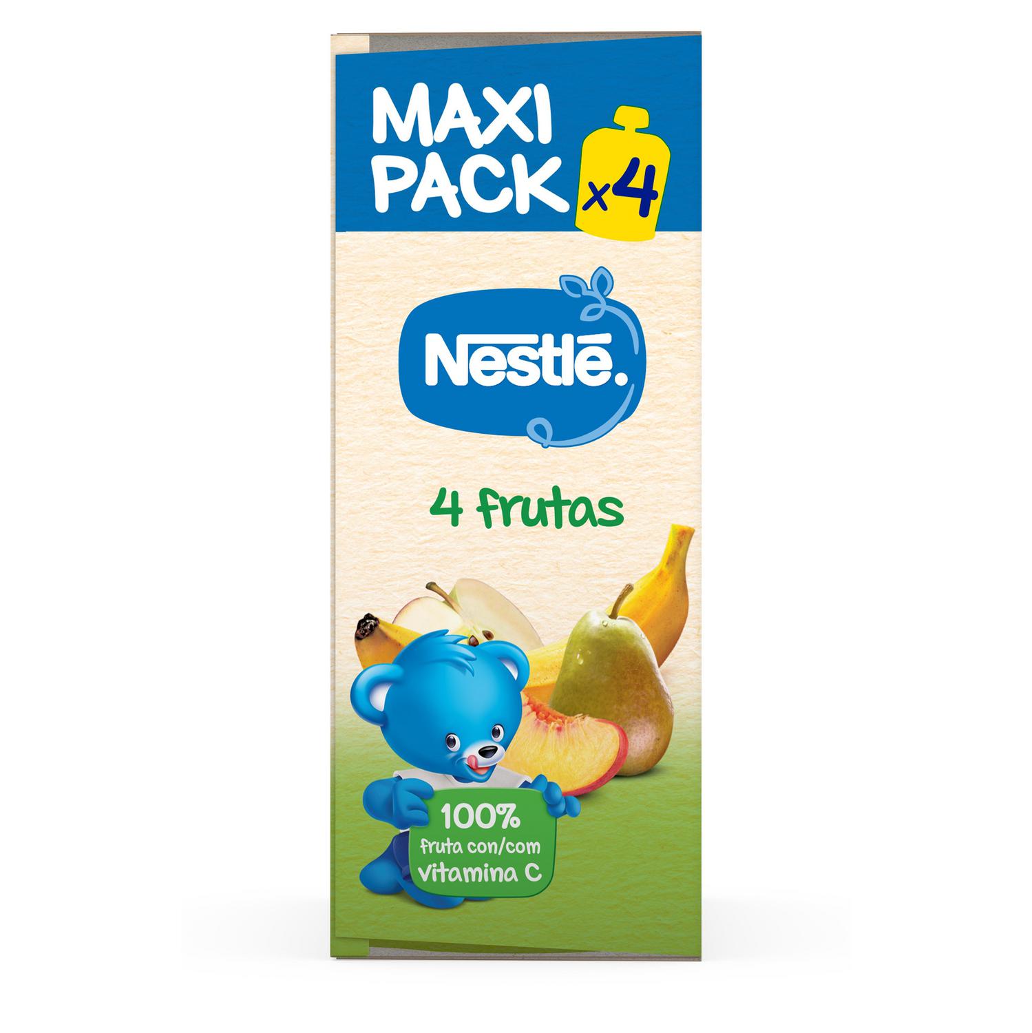 Bolsita de 4 frutas desde 4 meses Nestlé sin gluten y sin azúcar añadido pack de 4 unidades de 90 g.