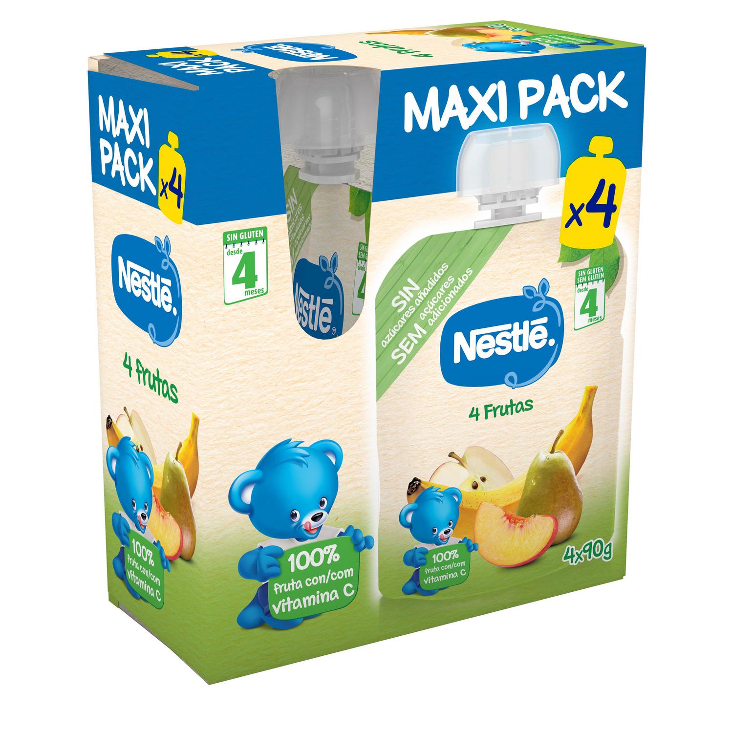 Bolsita de 4 frutas desde 4 meses Nestlé sin gluten y sin azúcar añadido pack de 4 unidades de 90 g.