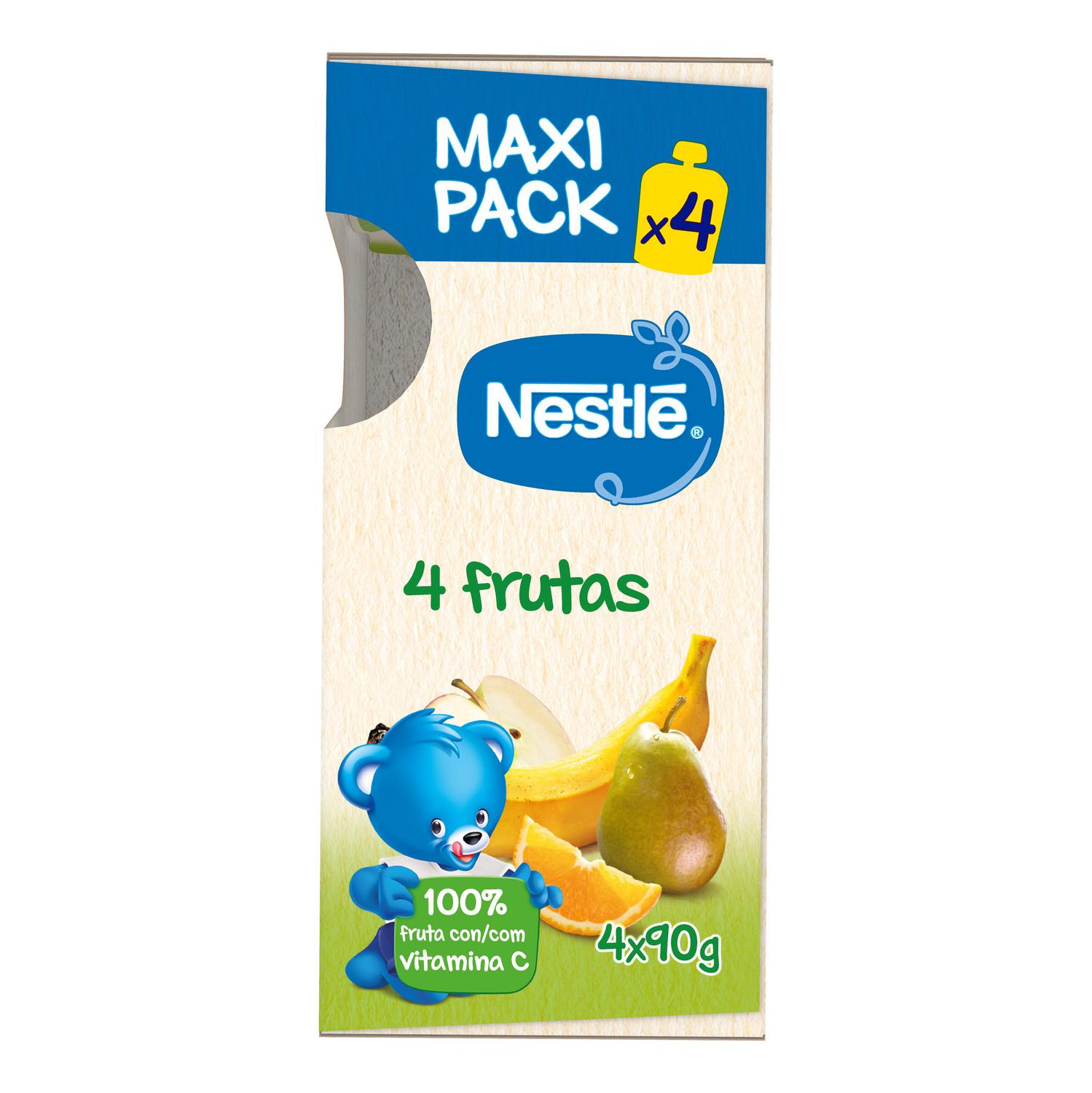 Bolsita de 4 frutas desde 4 meses Nestlé sin gluten y sin azúcar añadido pack de 4 unidades de 90 g.