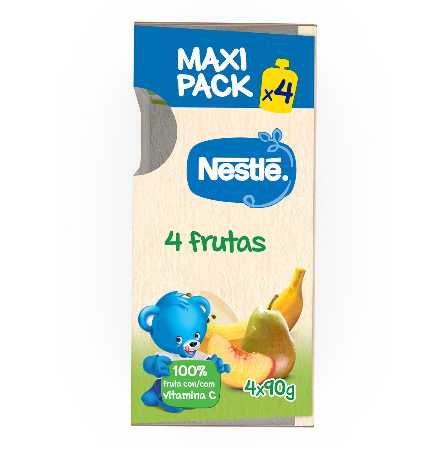 Bolsita de 4 frutas desde 4 meses Nestlé sin gluten y sin azúcar añadido pack de 4 unidades de 90 g.