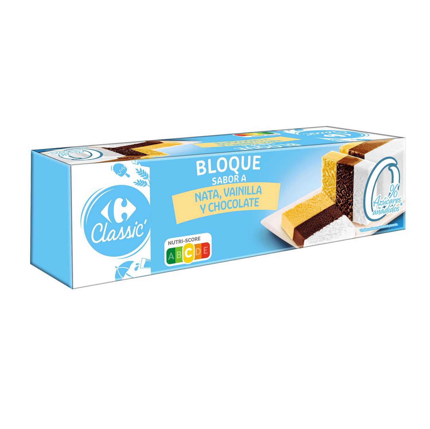 Bloque de helado de chocolate, nata y vainilla Carrefour Classic' sin azúcar añadido 475 g.
