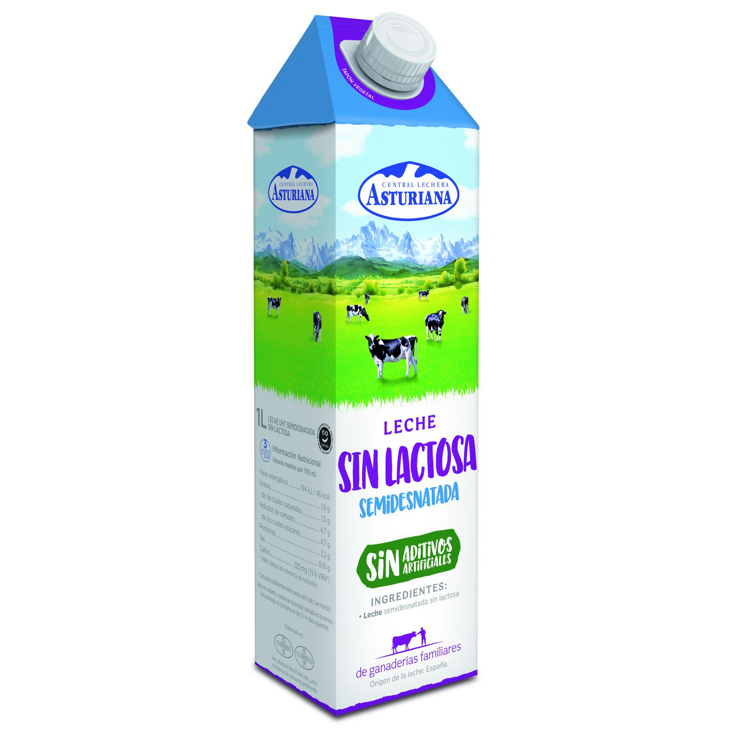 Leche semidesnatada Central Lechera Asturiana sin lactosa brik 1 l.