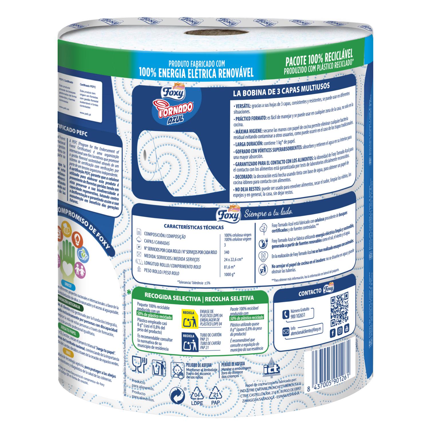 Papel de cocina Tornado Azul Foxy 1 rollo.