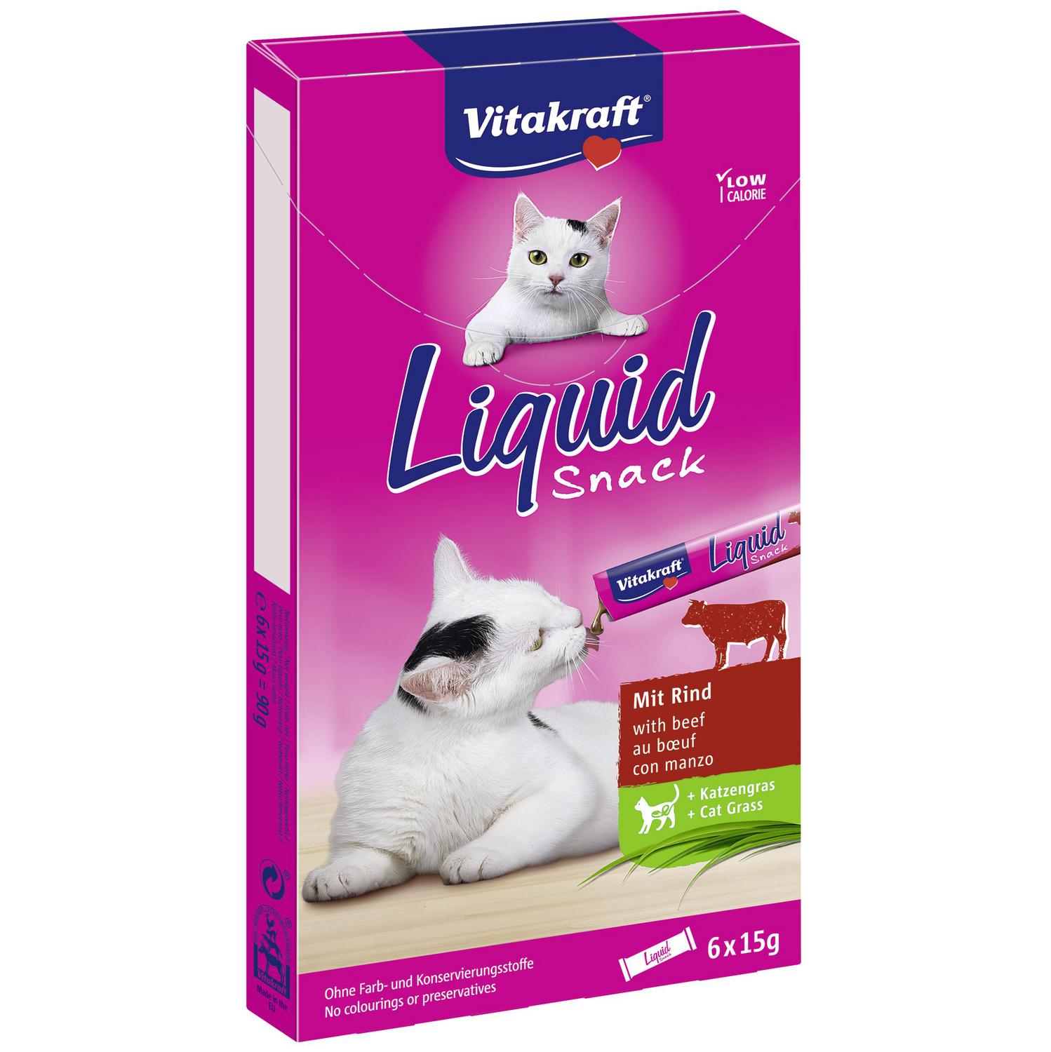 Snack líquido con ternera e inulina para gato Vitakraft 6x15 g.
