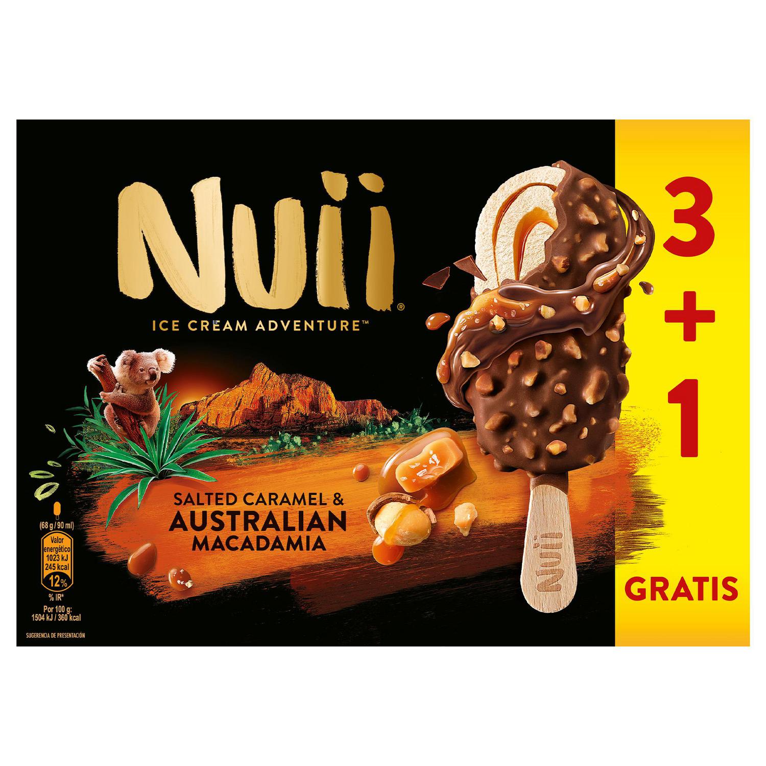 Helado Bombón de caramelo y nueces de Macadamia Australianas Nuii sin gluten 4 ud.