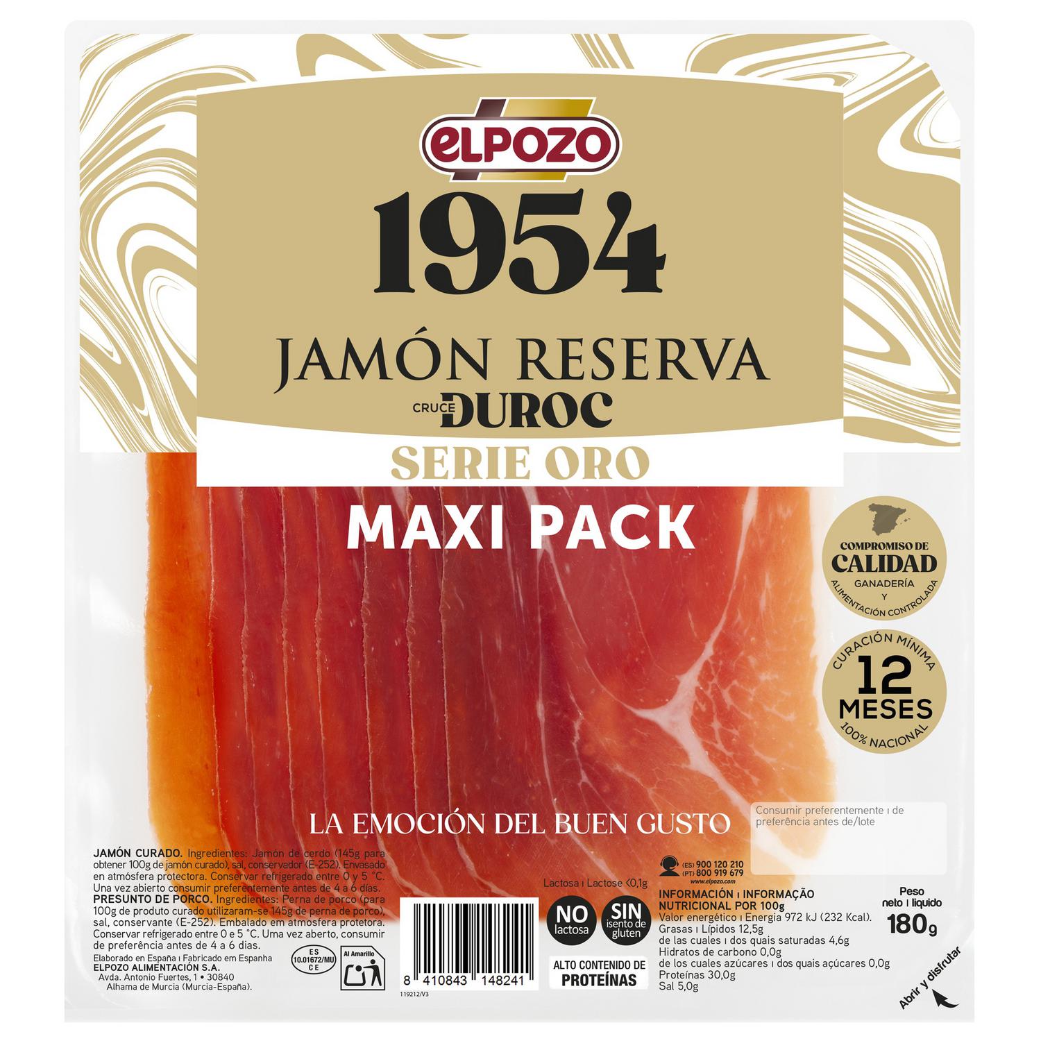 Jamón reserva curado en lonchas Serie Oro El Pozo 1954 sin gluten y sin lactosa 180 g