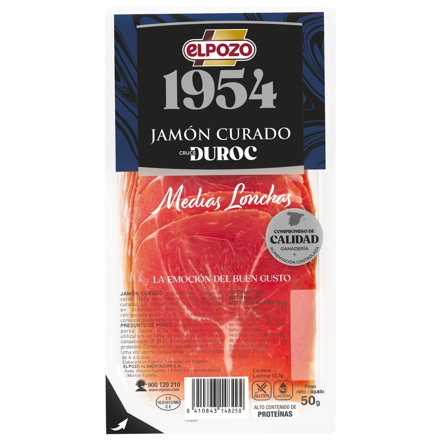 Jamón curado en medias lonchas El Pozo 1954 sin gluten y sin lactosa 50 g