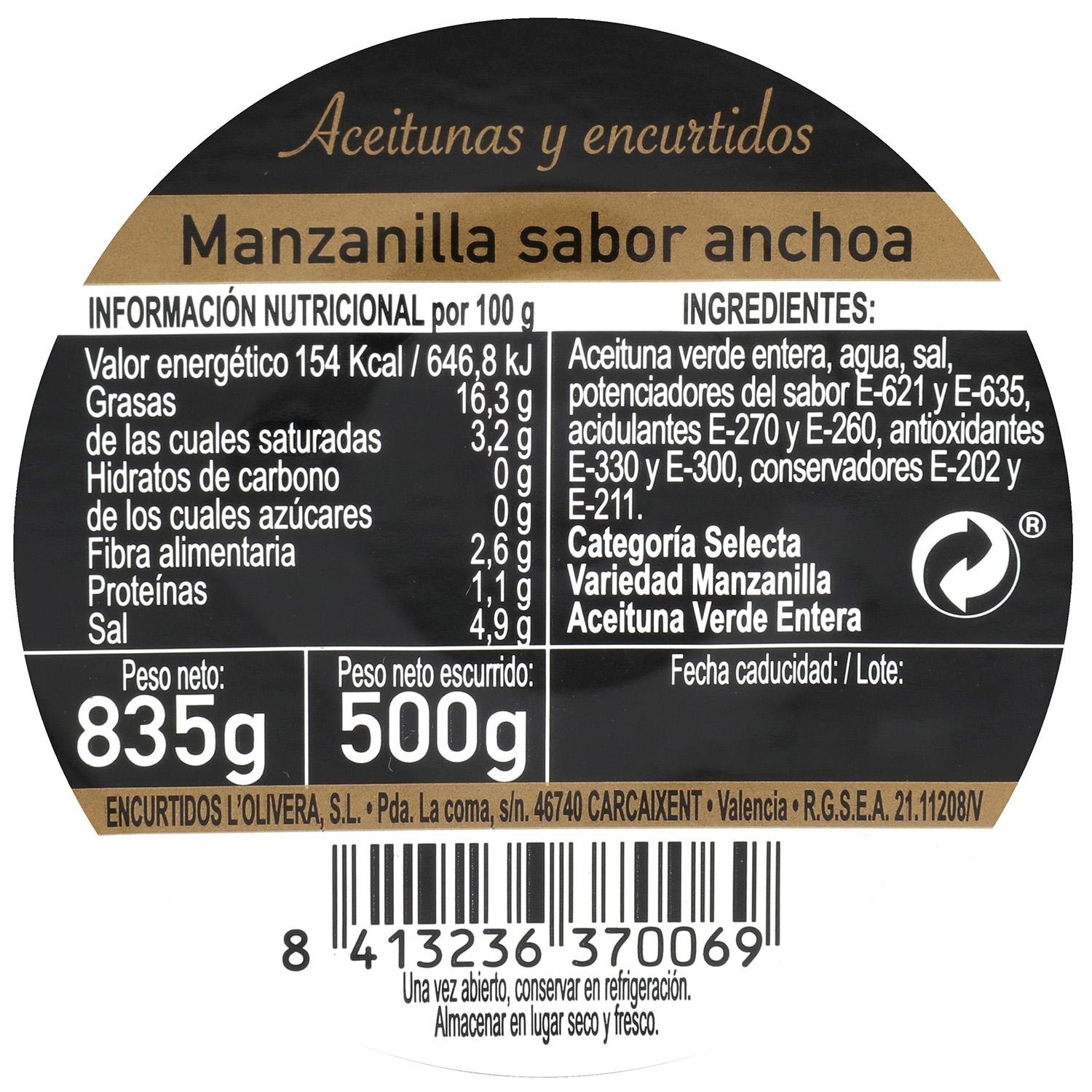 Aceitunas manzanilla sabor anchoa Aperitivo 500 g