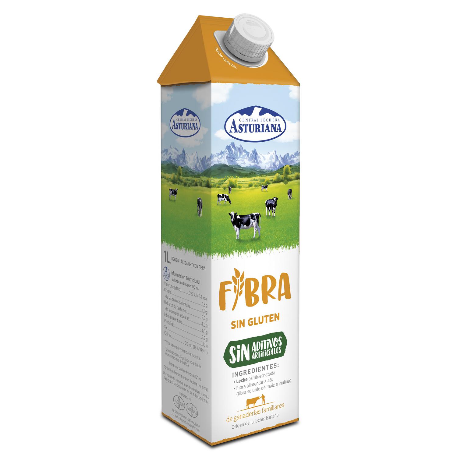 Bebida láctea semidesnatada fibra Central Lechera Asturiana sin gluten brik 1 l.