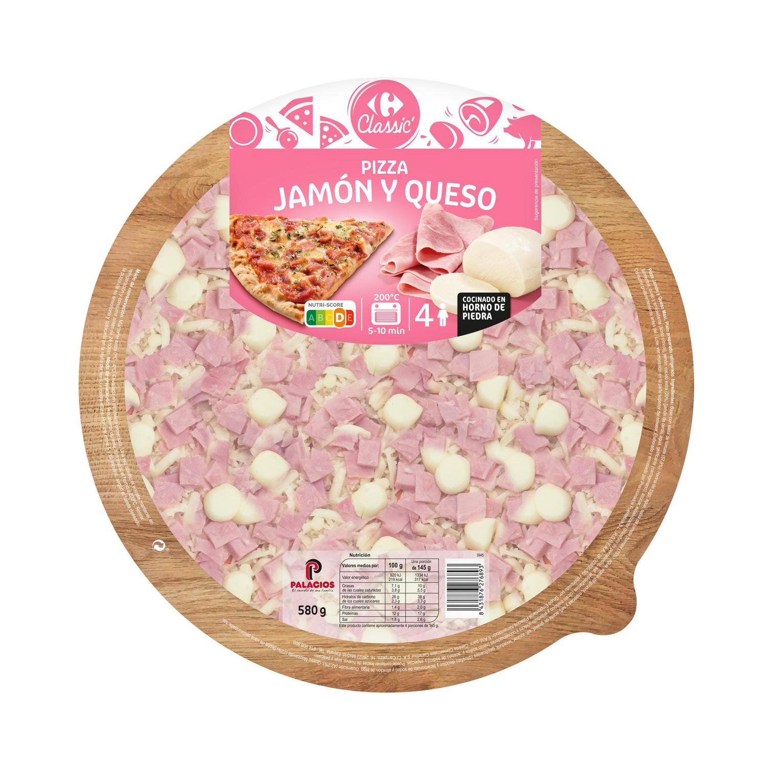 Pizza de jamón y queso Carrefour Classic 580 g.