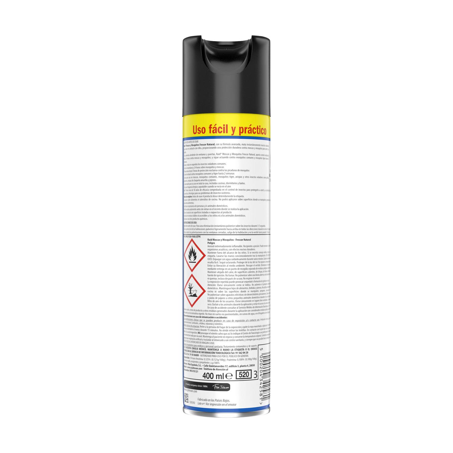 Insecticida moscas y mosquitos frescor natural acción fulminante Raid 400 ml.
