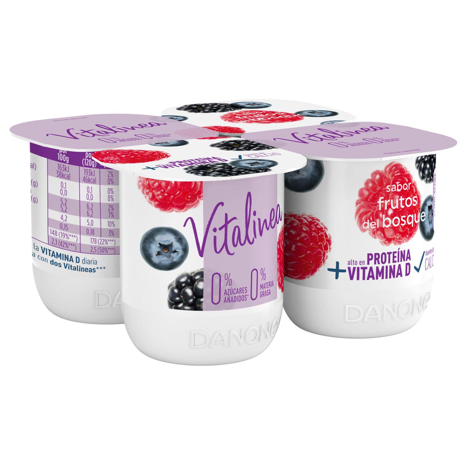 Yogur desnatado sabor frutos del bosque Danone Vitalinea sin azúcar añadido pack de 4 unidades de 120 g.