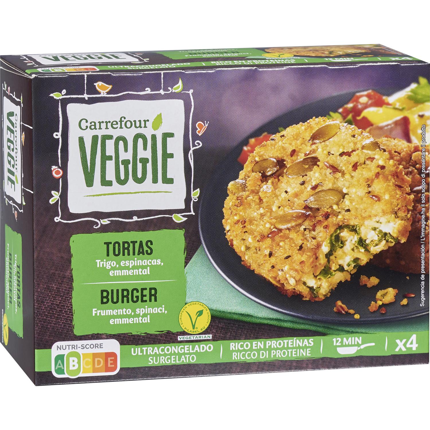 Hamburguesa de trigo, espinaca y emmental Carrefour Veggie 400 g.