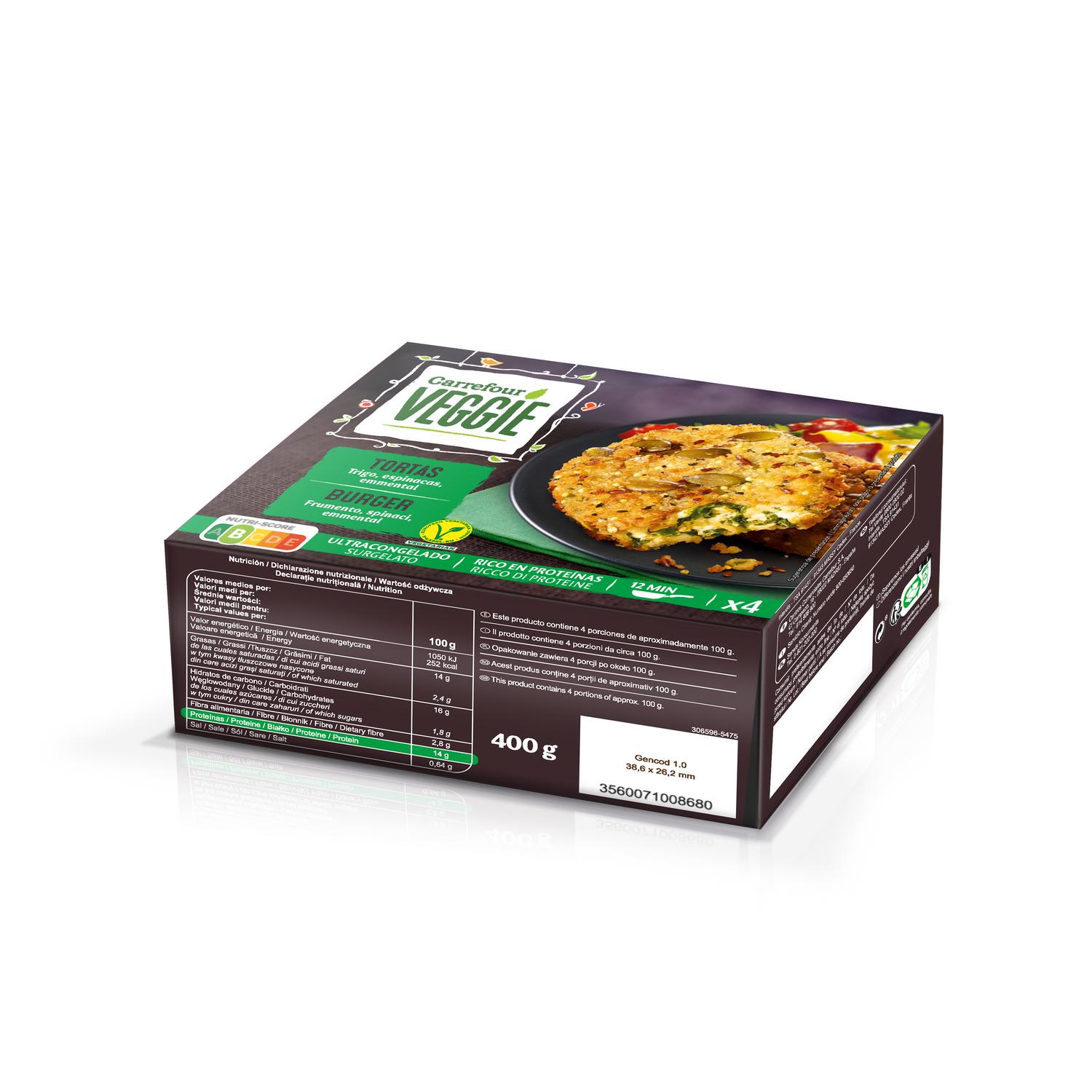 Hamburguesa de trigo, espinaca y emmental Carrefour Veggie 400 g.