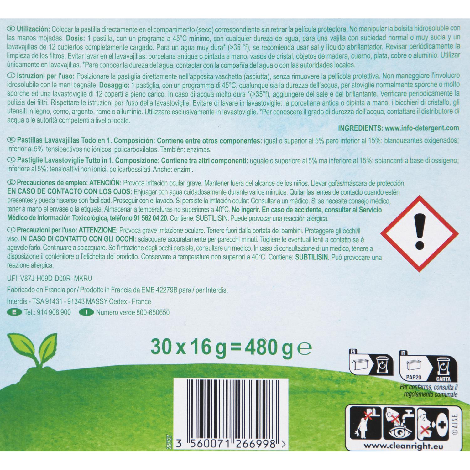 Lavavajillas a máquina en pastillas todo en uno ecológico Carrefour Eco Planet 30 ud.
