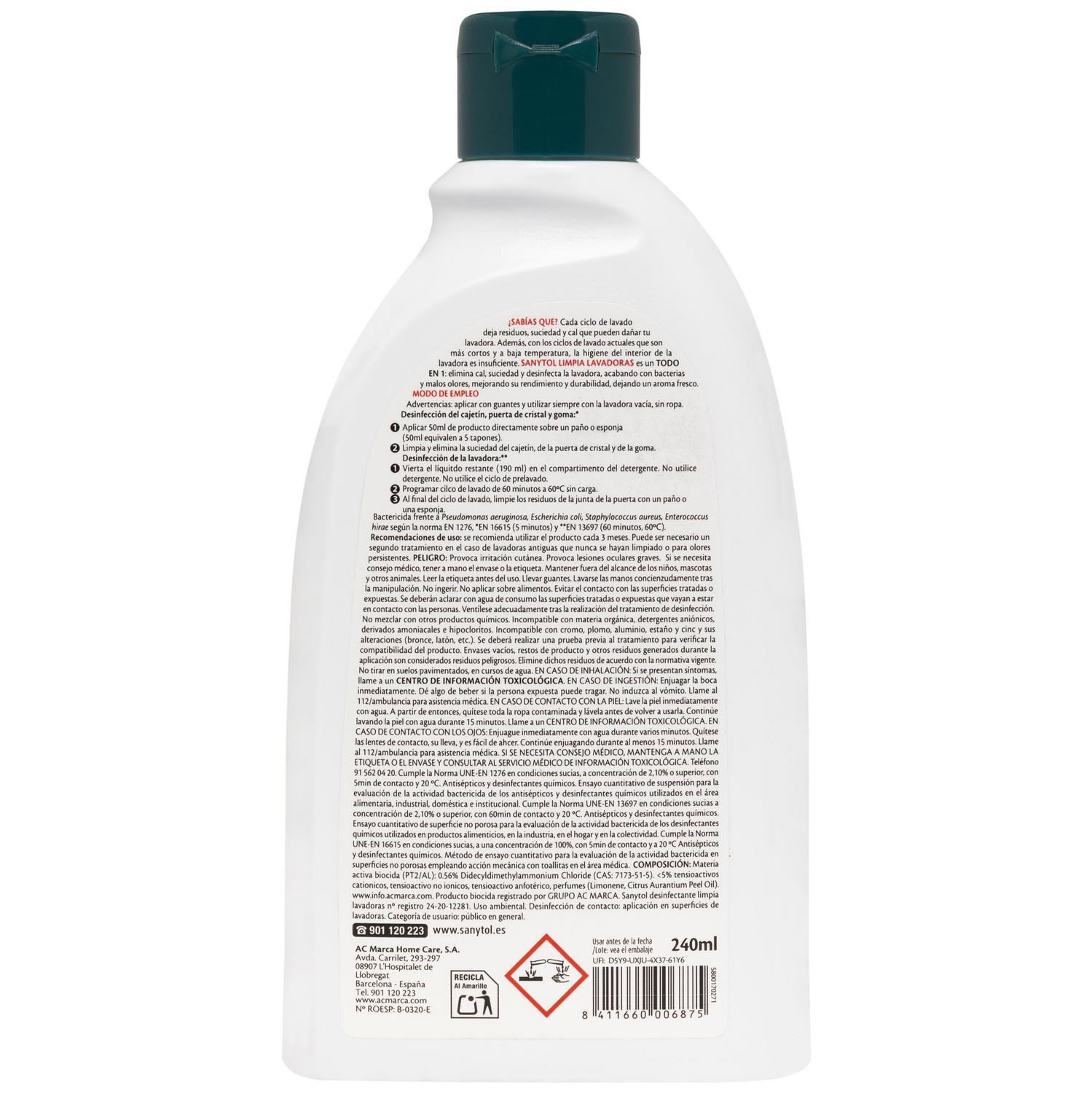 Limpia Lavadoras desinfectante Sanytol 240 ml.
