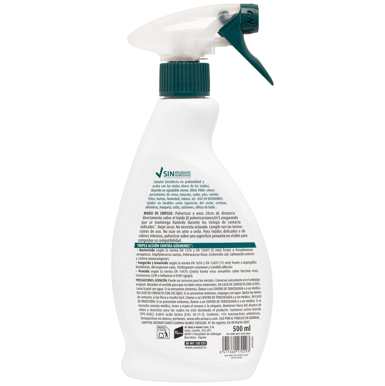 Desinfectante elimina olores textil antialérgenos Sanytol 500 ml.