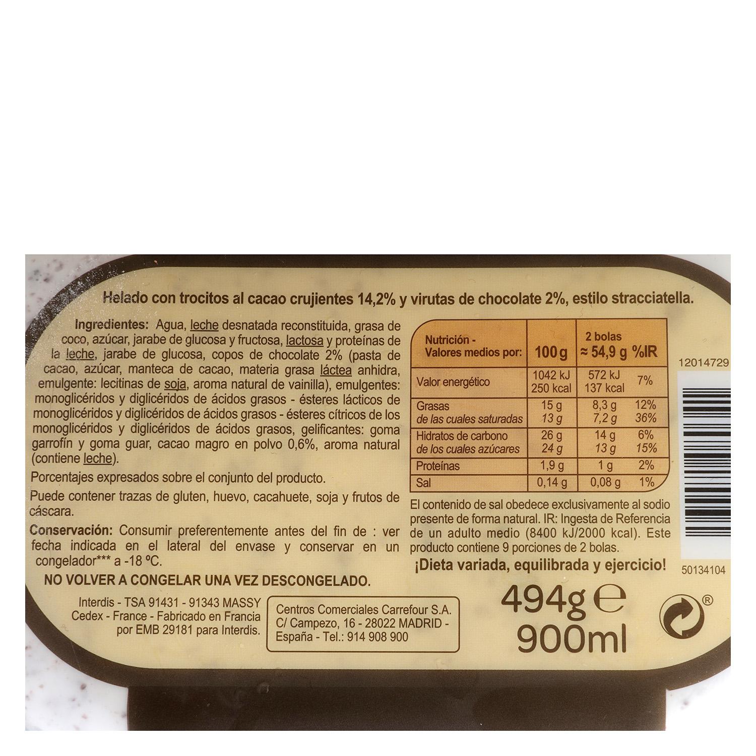 Helado de stracciatella Carrefour 900 ml.