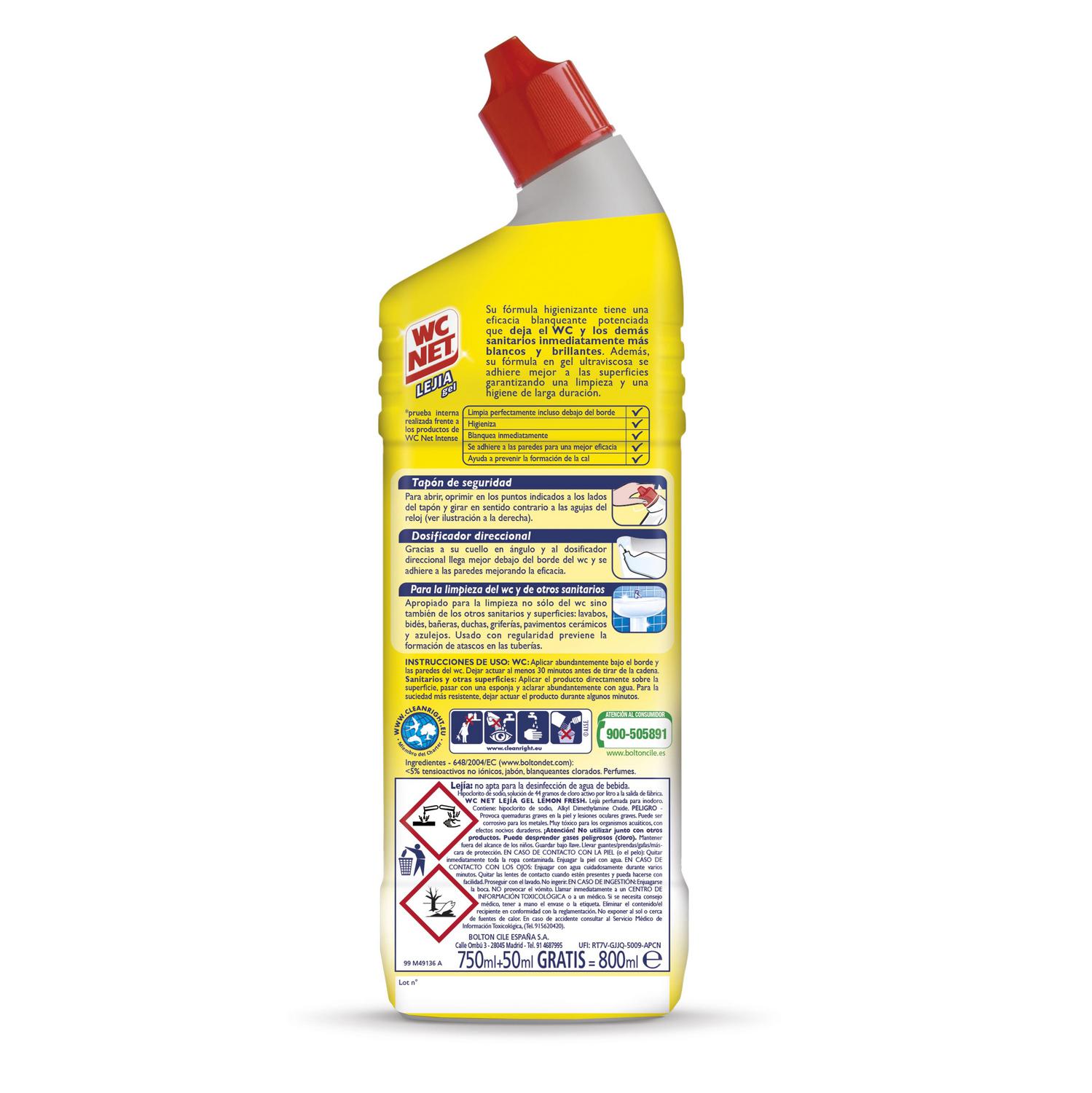 Limpiador de baño con lejía aroma limón en gel WC Net 750 ml.