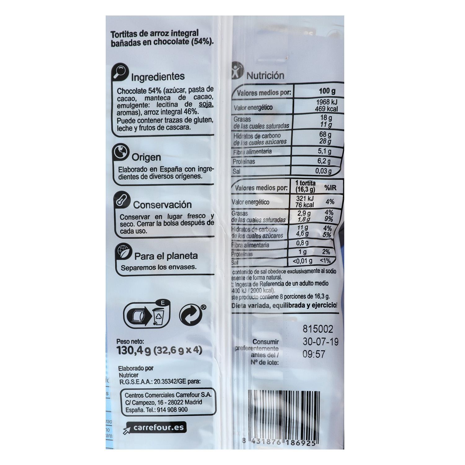 Tortitas de arroz integrales con chocolate Carrefour 130 g.