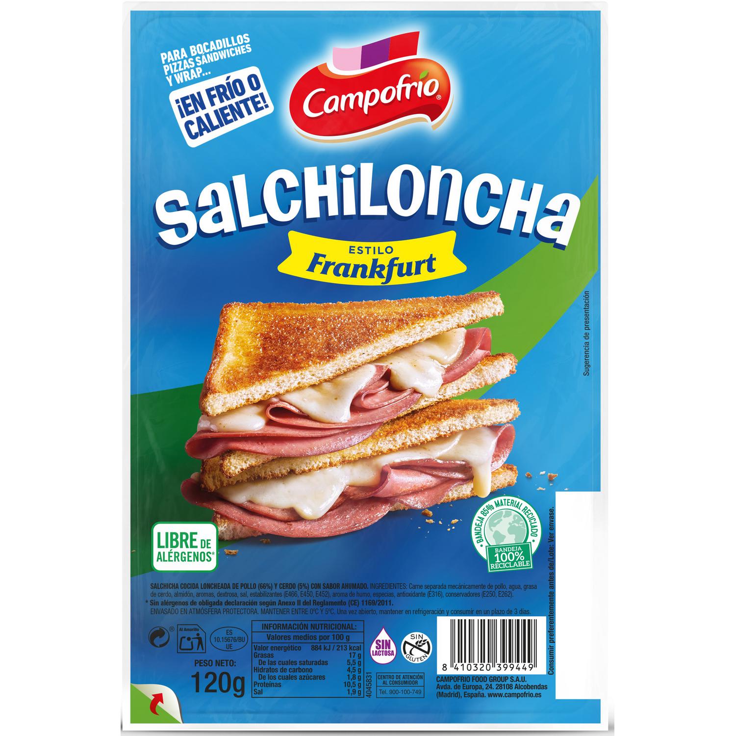 Salchichas estilo Frankfurt cocidas en lonchas Campofrío sin gluten y sin lactosa 120 g
