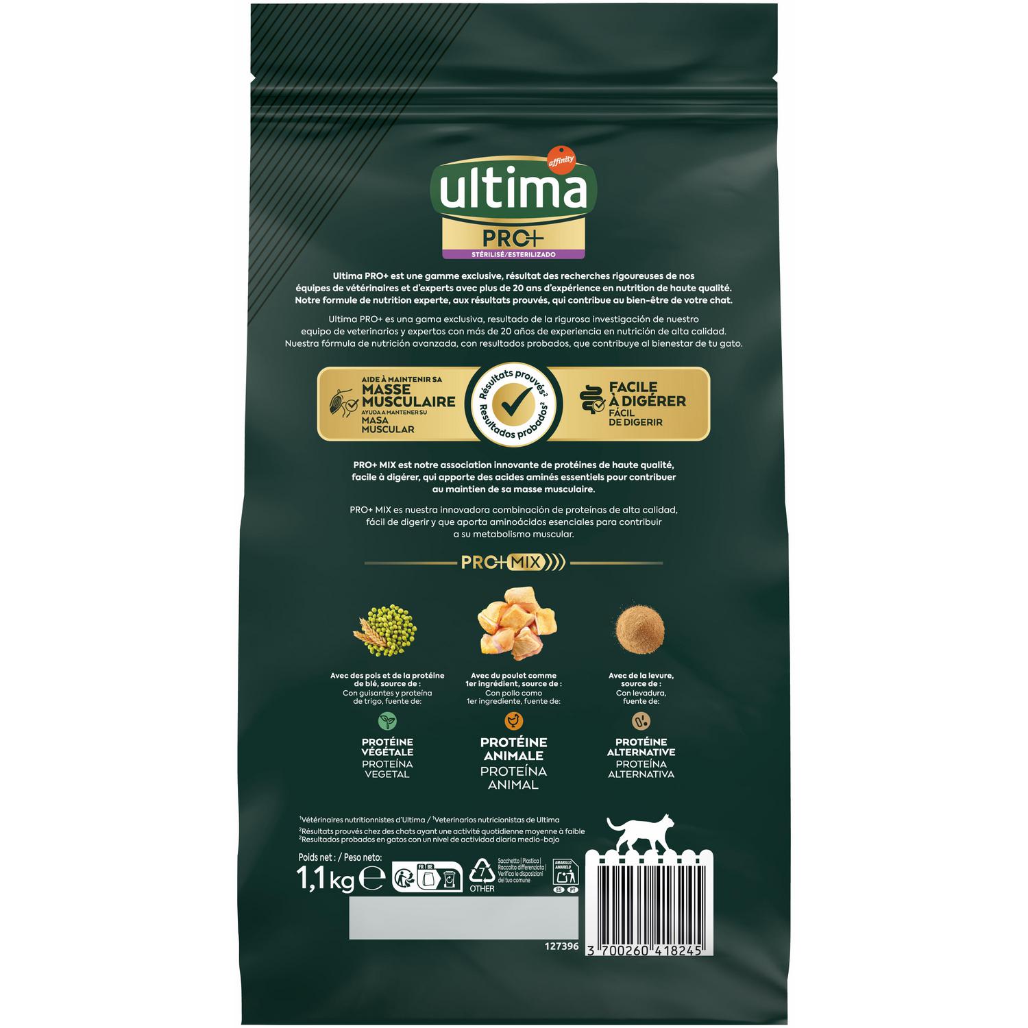 Pienso esterilizado de pollo para gatos adultos Ultima PRO+  1,1 kg.
